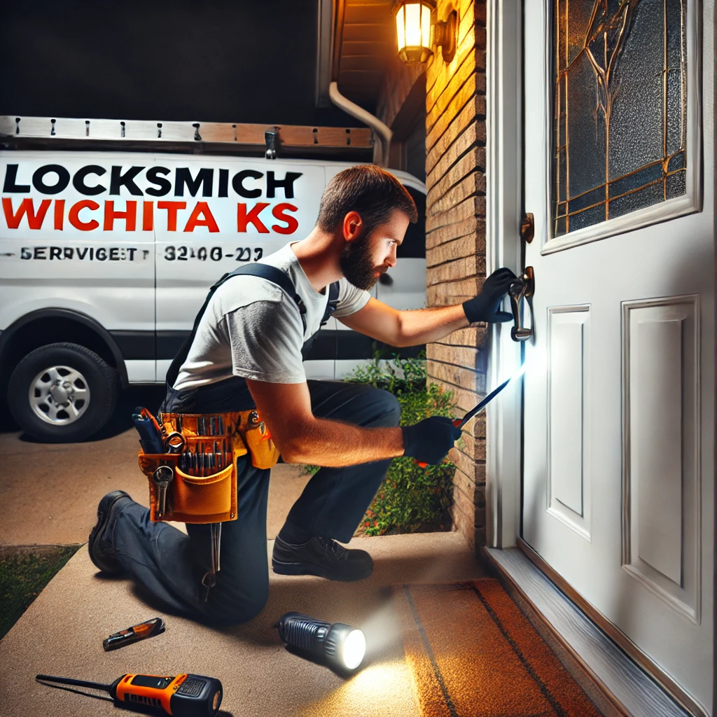 Emergency locksmith unlocking a front door in Wichita, KS